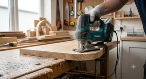 Joiner cutting a custom rounded curve into an oak kitchen worktop with a professional pendulum jigsaw.