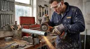Tradesperson using a budget cordless angle grinder under £100 to cut a steel pipe