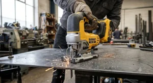 Close-up view of a cordless jigsaw cutting through a sheet steel panel with a fine-toothed metal blade.