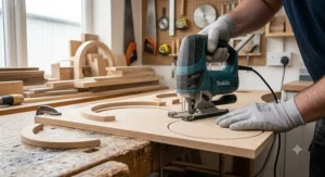 DIY enthusiast cutting smooth arcs and circles in MDF using a barrel-grip pendulum jigsaw.