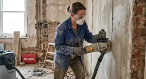 DIY enthusiast using a 125mm angle grinder for wall chasing during a UK home renovation