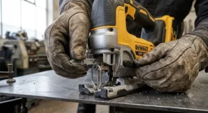 Hands fitting a T-shank metal cutting blade into a keyless cordless jigsaw chuck.