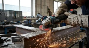 Close-up of sparks flying while grinding down a weld seam with a cordless angle grinder