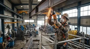 Metalworker operating a lightweight cordless angle grinder for overhead metal fabrication