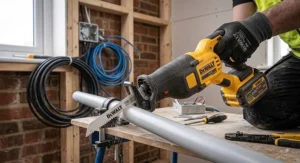 Electrician using a multi-voltage reciprocating saw with a fine-tooth blade to cut plastic cable conduit