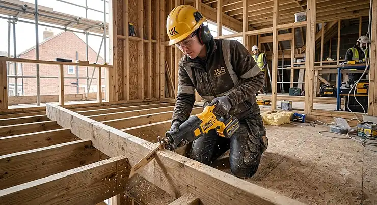 Tradesperson using a multi-voltage reciprocating saw to cut through wooden floor joists on a UK construction site
