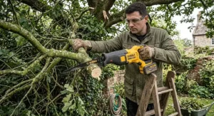 Gardener trimming thick overgrown tree branches using a multi-voltage reciprocating saw outdoors
