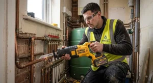 Plumber cutting copper water pipes with a multi-voltage reciprocating sabre saw in a residential UK property