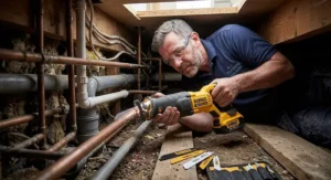 Plumber operating a lightweight cordless reciprocating saw for pipe cutting in a confined underfloor space.
