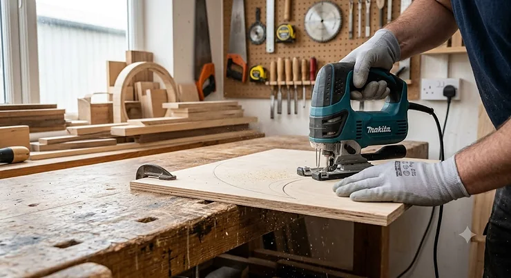 Woodworker using a pendulum action jigsaw to make precise curved cuts on a timber workbench in a UK workshop.
