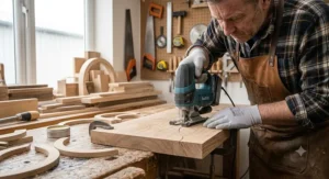 British craftsman using a high-torque pendulum jigsaw for heavy-duty curved cuts in hardwood.