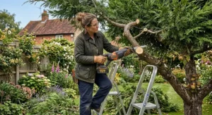 Cutting thick conifer hedge branches with a reciprocating saw during seasonal back garden maintenance
