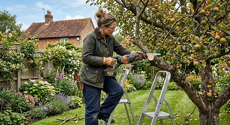 Gardener using a cordless reciprocating saw to prune overgrown branches on an apple tree in a British garden, reciprocating saw for tree pruning