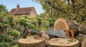 Comparison of a cordless reciprocating saw and a traditional wooden hand saw laid on cut timber
