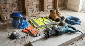 Essential personal protective equipment alongside a sabre saw prepared for heavy structural demolition work.