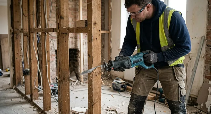 Tradesperson using a heavy-duty sabre saw for demolition work on wooden wall studs on a UK building site.