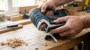 Changing a T-shank blade quickly using a tool-free blade clamp on a cordless jigsaw