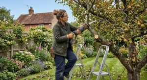 Homeowner safely trimming high tree branches using a lightweight battery reciprocating saw outdoors