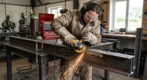 Metal fabricator smoothing down a steel weld using a 125mm angle grinder with a grinding disc