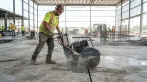 A tradesperson using a 230mm angle grinder for heavy-duty grinding on a commercial construction site