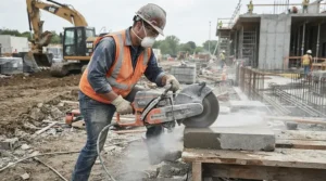 A tradesperson using a 230mm angle grinder for heavy-duty grinding on a brick wall at a British construction site.