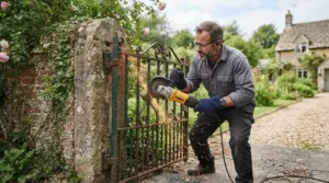 Using an angle grinder for rust removal on a weathered garden gate in a British driveway