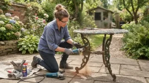 Angle grinder for rust removal being used to prep a cast iron patio table