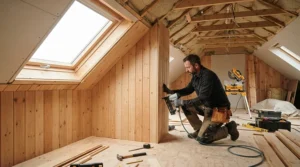 A battery-powered second fix nailer in action securing tongue and groove wall cladding in a loft conversion.