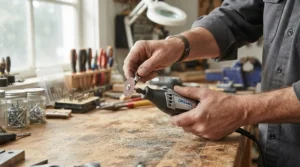 Fitting a wire brush disc onto an angle grinder for rust removal on steel beams