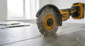 Close-up of a high-performance cordless angle grinder fitted with a continuous rim diamond disc for precise tile cutting.