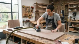 Using the best cordless sander to prep a kitchen cabinet door for painting.