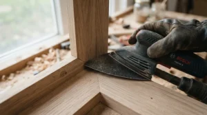 The best cordless sander navigating a tight corner on a custom shelf.