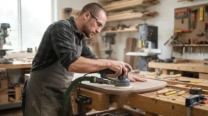 An ergonomic view of a tradesperson holding the best cordless sander firmly.