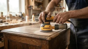 Close-up of the best cordless sander smoothing the armrest of a vintage wooden chair.