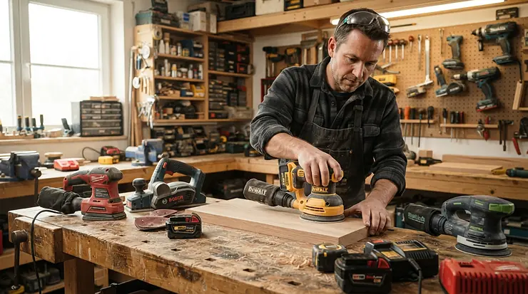 An expert comparing the best cordless sander models on a workbench during a UK workshop project