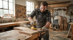 A person using the best cordless sander on a wooden tabletop in a bright workshop.