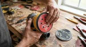 Changing the hook and loop abrasive disc on a random orbit sander for woodworking