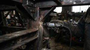 Compact angle grinder for rust removal inside a narrow metal chassis bracket