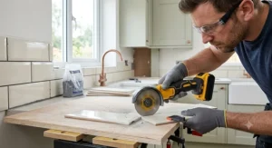 Compact cordless angle grinder trimming intricate corner cuts on metro tiles in a British kitchen fitting project.