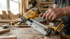 Loading collated nails into the magazine of first fix nailers during a timber framing job
