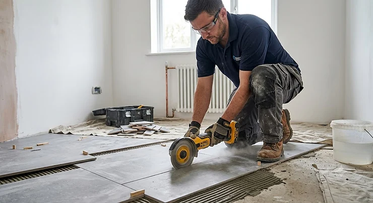 Tradesperson using a cordless angle grinder with a diamond blade to cut porcelain floor tiles in a UK bathroom renovation.