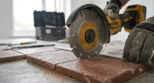 Detailed view of an ultra-thin diamond blade attached to a cordless angle grinder for cutting thick quarry tiles.
