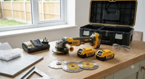 Complete cordless angle grinder tool kit featuring spare lithium-ion batteries, charger, and diamond blades for cutting tiles.