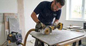 Cordless angle grinder equipped with a dust extraction guard cutting ceramic tiles safely indoors.