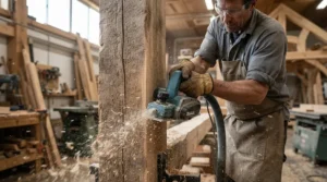 A cordless belt sander for heavy stock removal cutting down high spots on a structural pine beam