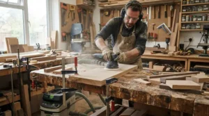 A cordless belt sander for heavy stock removal tackling a demanding DIY joinery job in a garage