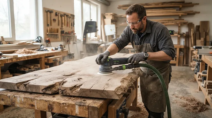 A cordless belt sander for heavy stock removal flattening a rough live-edge slab of timber