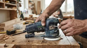 Checking the tracking knob on a cordless belt sander for heavy stock removal before starting work
