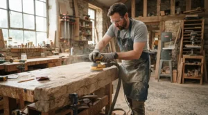 A tradesperson using a cordless belt sander for heavy stock removal on a large oak beam in a workshop