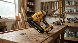 Battery powered cordless first fix nailers resting on a workbench next to timber joists